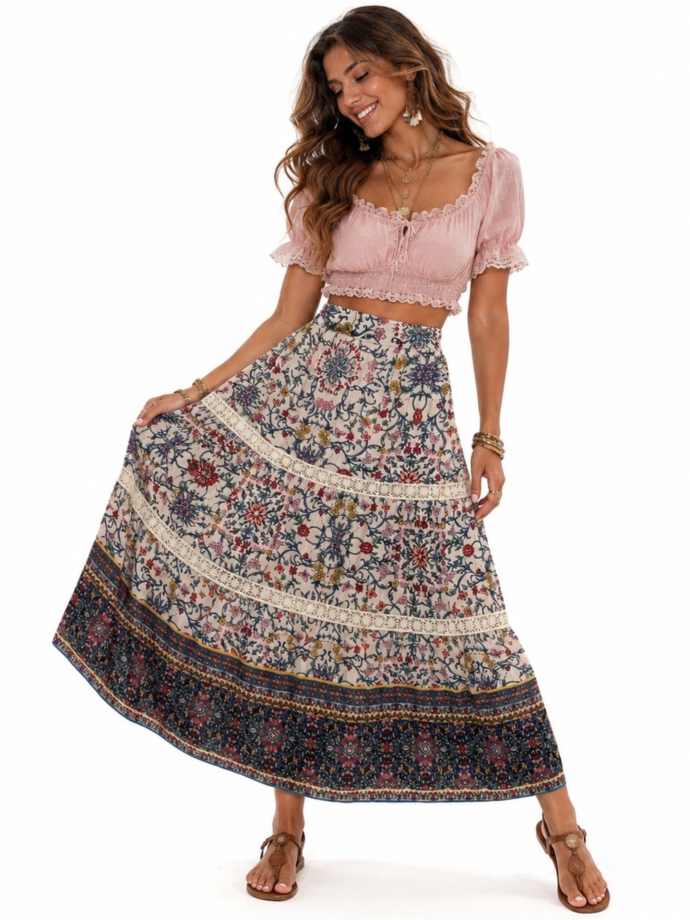 Blue Rain Floral Tiered Crochet Lace Trim Maxi Skirt Womens SZ M Romantic Boho